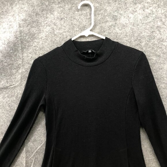 Madewell Long Sleeve Ribbed Mini Dress XS Black Mock Neck Pleated A-Line - Picture 3 of 8
